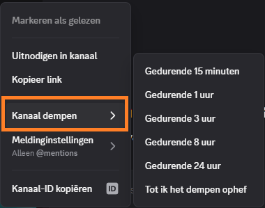Desktop contextmenu toont Kanaal dempen met duur-opties