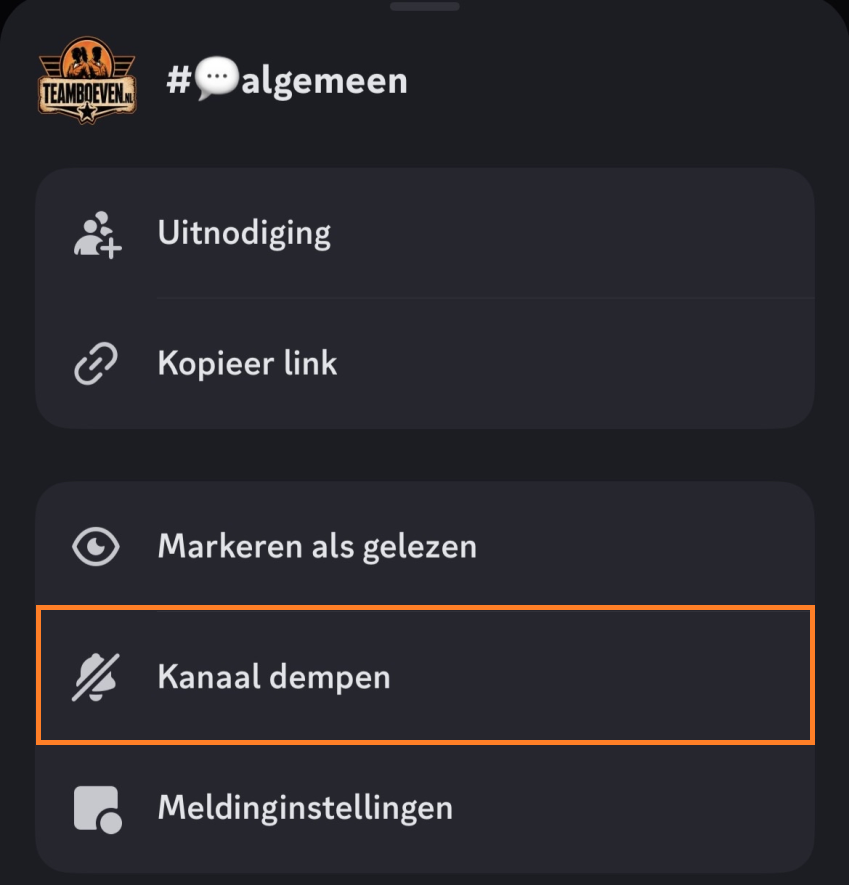 Mobiel kanaal lang-drukken toont Kanaal dempen optie
