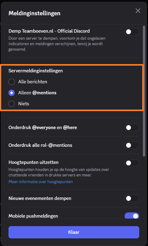 Meldinginstellingen popup met Alleen @mentions geselecteerd