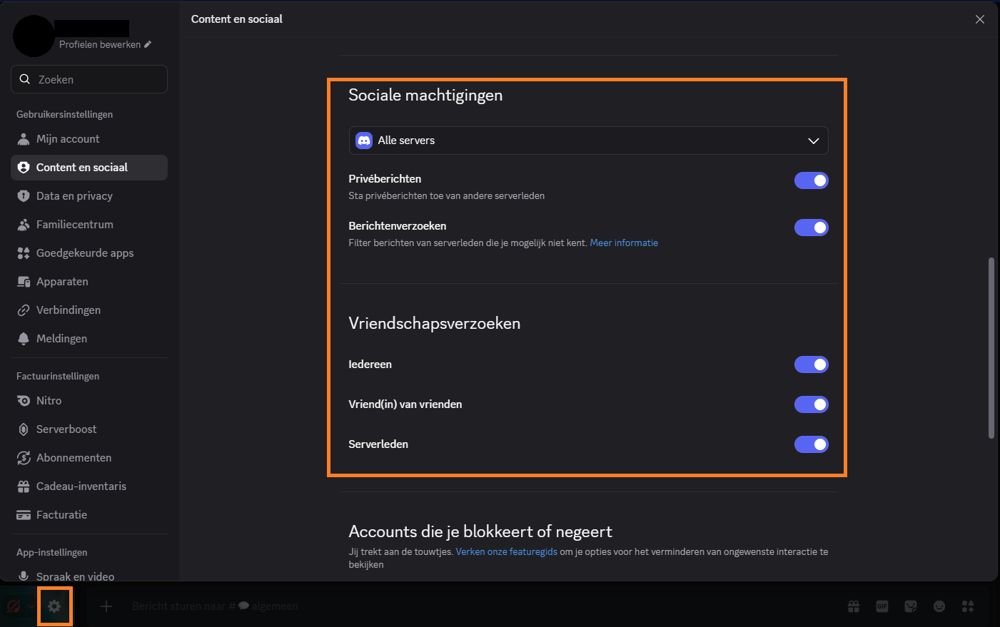 Discord Content en sociaal instellingen: Sociale machtigingen met Privéberichten en Vriendschapsverzoeken gemarkeerd
